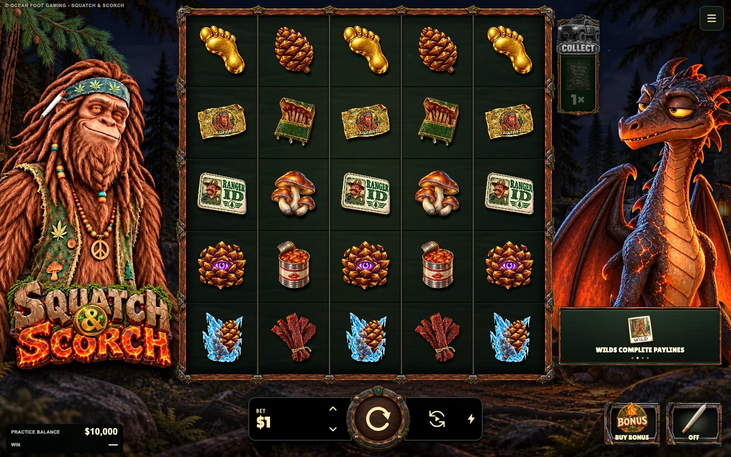Squatch & Scorch practice game showing the reels, Bigfoot, dragon and woodland controls